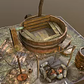 Rustic Garden Decor Setup With Wooden Chair Barrel Campfire Tub And Grass