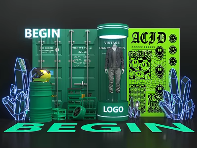 BEGIN Themed Display With ACID Graphics Vanity Clothing And Neon Crystal Decorations 3d model