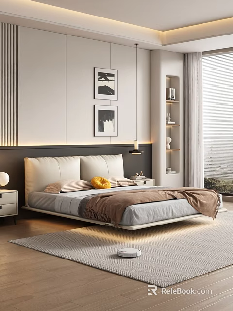Modern Double Bed With Black Headboard Light Mattress Pillows And Brown Blanket 3d model 