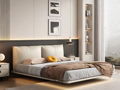 Modern Double Bed With Black Headboard Light Mattress Pillows And Brown Blanket 3d model