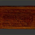 Red Carved Wooden Display Shelving Featuring Leaf Decoration and Ornate Design Details