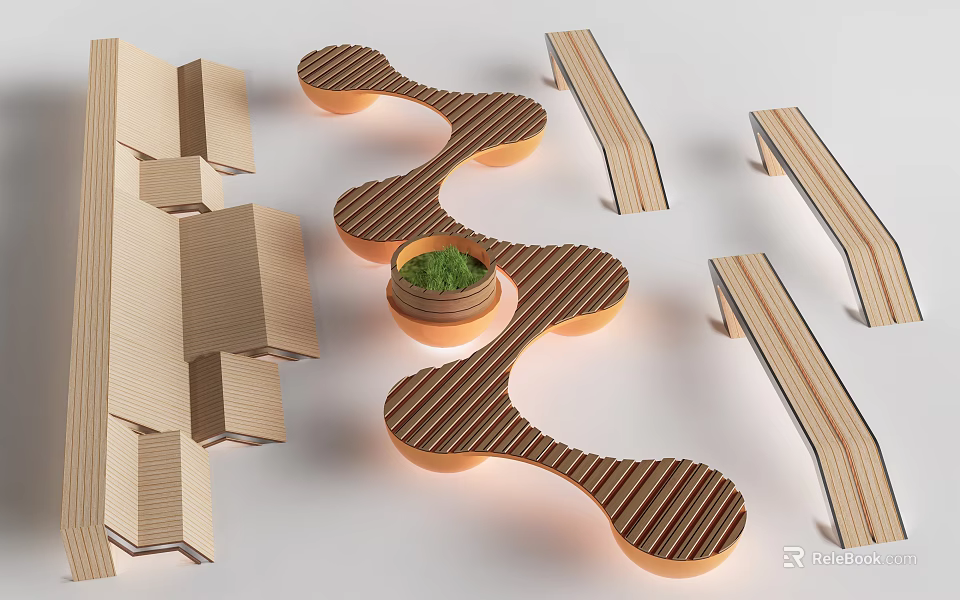 Elegant Wavy Wooden Landscape Seats Featuring Central Green Plant Design 3d model 