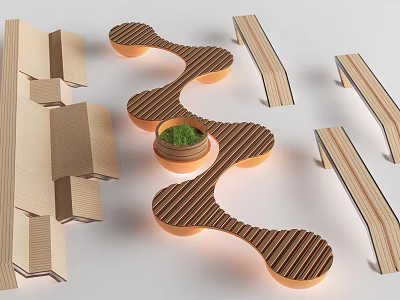 Elegant Wavy Wooden Landscape Seats Featuring Central Green Plant Design 3d model