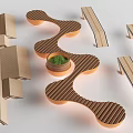 Elegant Wavy Wooden Landscape Seats Featuring Central Green Plant Design