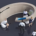 Modern Curved Front Desk Backdrop With Wooden Design And Staff Assisting Visitors
