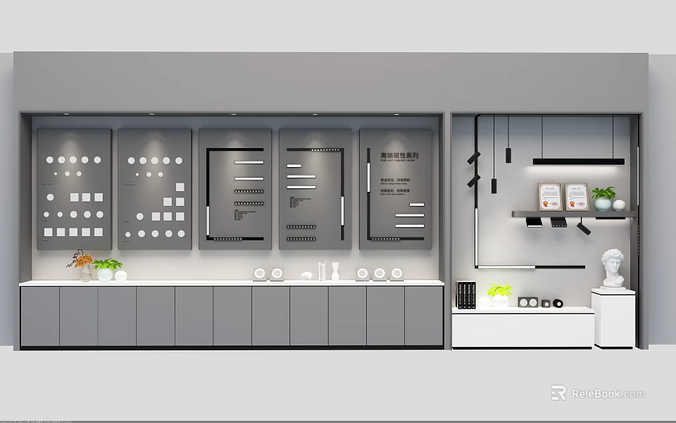 White And Grey Modern Display Shelves With Multi Tier Layers And LED Lighting For Merchandise 3d model 