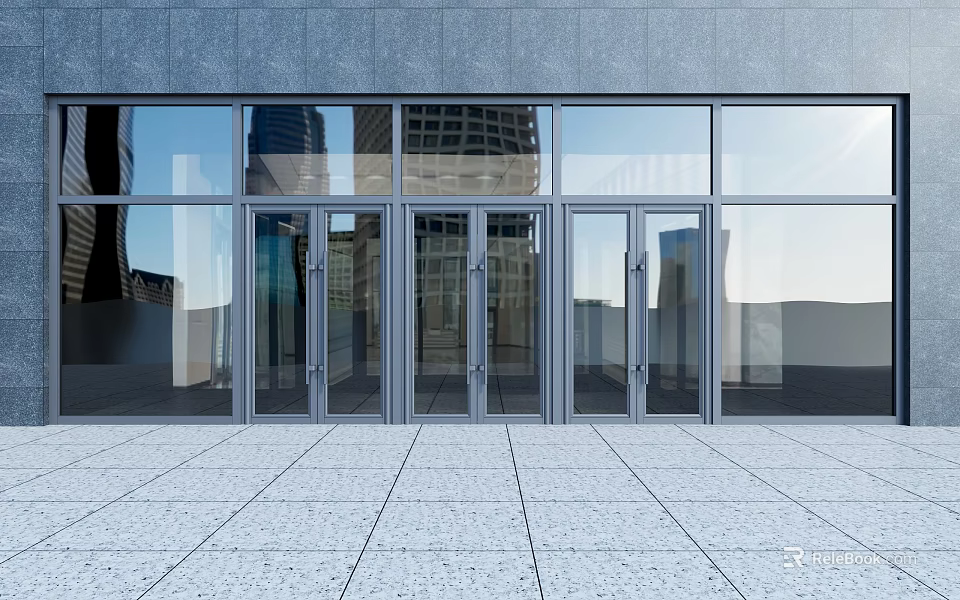 Modern Glass Entrance Doors For Building Exterior With Metal Frames And Stone Tile Floor 3d model 