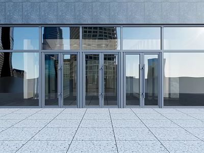 Modern Glass Entrance Doors For Building Exterior With Metal Frames And Stone Tile Floor 3d model