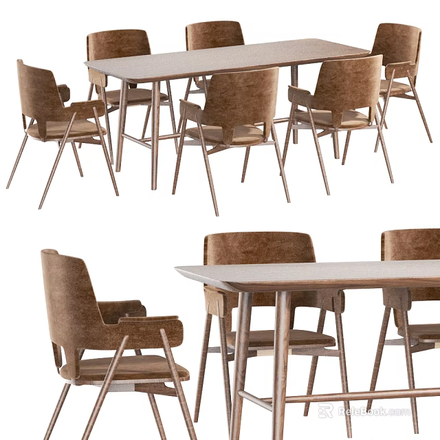Modern Dining Table Set With Brown Upholstered Chairs And Wooden Frame 3d model