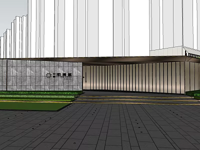 Modern Sales Office Building Design With Glass Curtain Wall Lawn And Steps 3d model