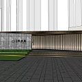Modern Sales Office Building Design With Glass Curtain Wall Lawn And Steps