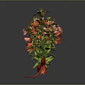 Bouquet of Red and Pink Flowers with Green Stems and Leaves and Red Ribbon