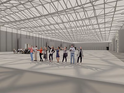 Spacious Indoor Hall With Metal Frame Ceiling And Group Of People Standing 3d model