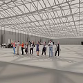Spacious Indoor Hall With Metal Frame Ceiling And Group Of People Standing
