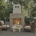 Outdoor Stone Fireplace with Cozy Armchairs Coffee Table and Lush Greenery in Patio with Trees