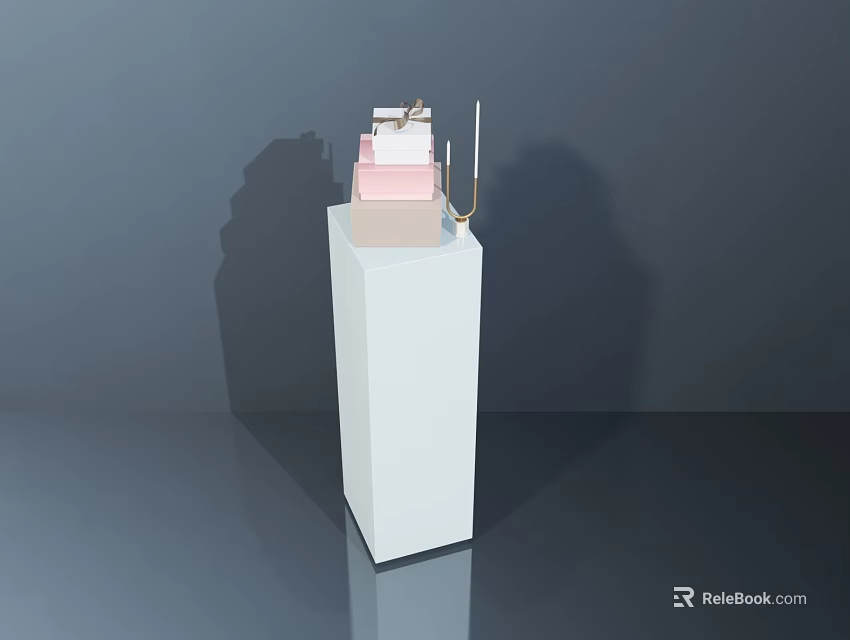 Stylish White Pedestal Display With Pink White Boxes And Golden Object 3d model 