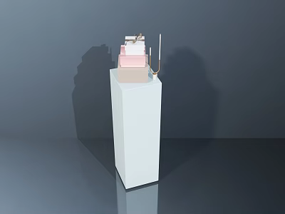 Stylish White Pedestal Display With Pink White Boxes And Golden Object 3d model