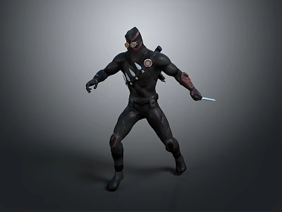 Black Suited Masked Warrior In Action Pose Holding Silver Knife 3D Character Model 3d model