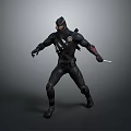 Black Suited Masked Warrior In Action Pose Holding Silver Knife 3D Character Model