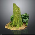 Natural Wooden Stump Covered With Green Moss And Surrounding Shrubs On Soil Base
