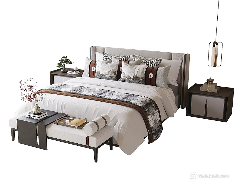 Modern Double Bed Setup With Bedside Tables Bed Bench And Decorative Pillows 3d model