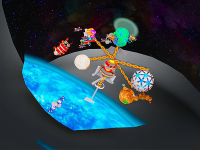 Cartoon Spaceship in Space with Earth Planets Satellites and Colorful Animated Elements 3d model