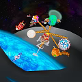 Cartoon Spaceship in Space with Earth Planets Satellites and Colorful Animated Elements