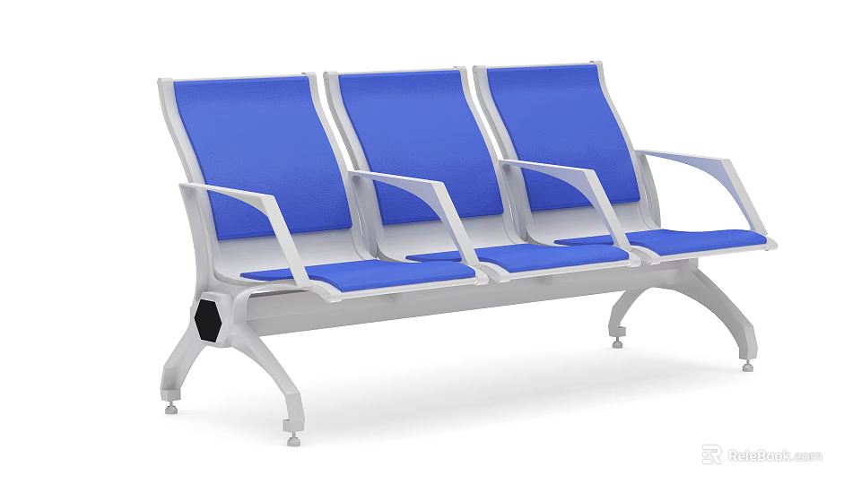 Modern Public Chair With Three Seats Blue Upholstery White Metal Frame For Public Spaces 3d model 