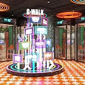 Public Facility With Circular Neon Ceiling Lights Multi Level Display And Checkered Floor