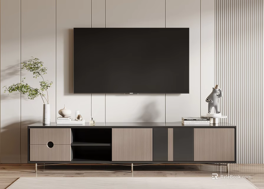 Modern TV Stand Interior With Wall Mounted TV Decorative Sculpture Potted Plant And Books 3d model 