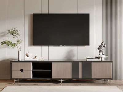 Modern TV Stand Interior With Wall Mounted TV Decorative Sculpture Potted Plant And Books 3d model