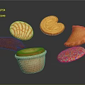 Assorted Colorful Sweet Pastries Featuring Heart Shaped Shell Patterned Triangle and Cup Treats with Sprinkles