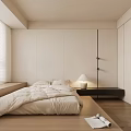Modern Tatami Bedroom Interior With White Bedding Wooden Flooring Blinds And Table Lamp