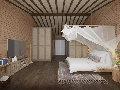 Hotel Room Interior Featuring Wooden Walls Ceiling Canopy Bed TV And Area Rug 3d model