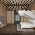 Hotel Room Interior Featuring Wooden Walls Ceiling Canopy Bed TV And Area Rug