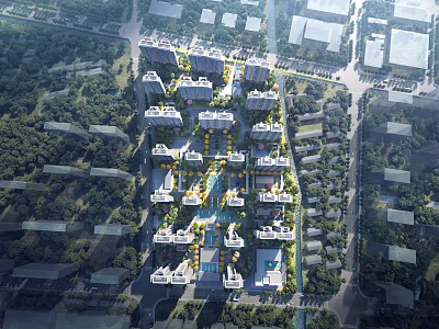 Aerial View of Modern Residential Community Building Complex with Greenery and Roads 3d model