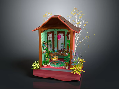Plants Surrounding Small Wooden Cabin With Green Windows And Potted Flowers 3d model
