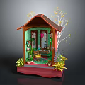 Plants Surrounding Small Wooden Cabin With Green Windows And Potted Flowers