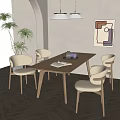 Modern Wooden Dining Table Set with Four Beige Chairs Book Tray Plant and Pendant Lights