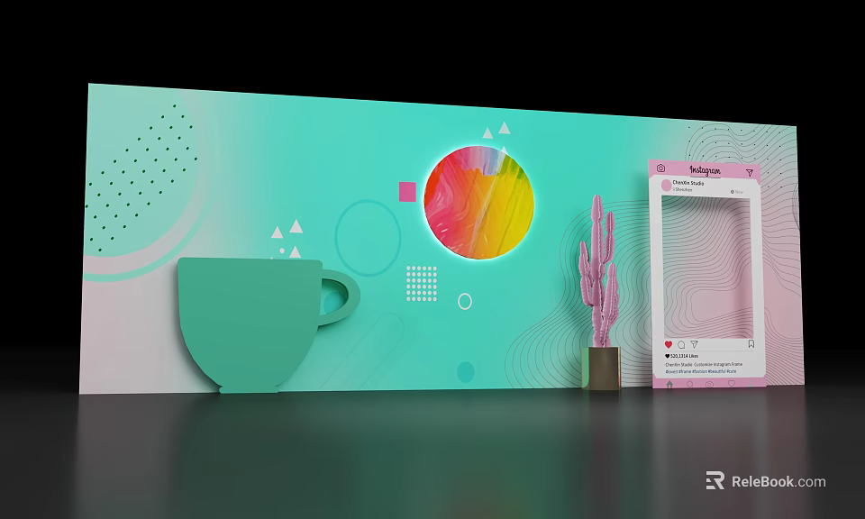 Turquoise Backdrop Wall With Geometric Patterns Circular Elements Decorative Cactus Cup And Photo Frame 3d model