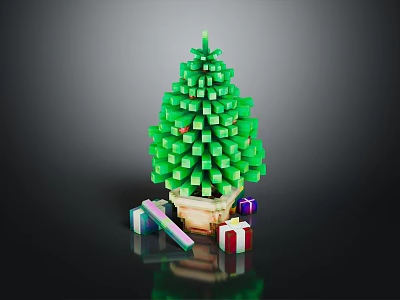 Pixelated Green Christmas Tree In Pot With Colorful Gift Boxes Around 3d model