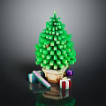 Pixelated Green Christmas Tree In Pot With Colorful Gift Boxes Around
