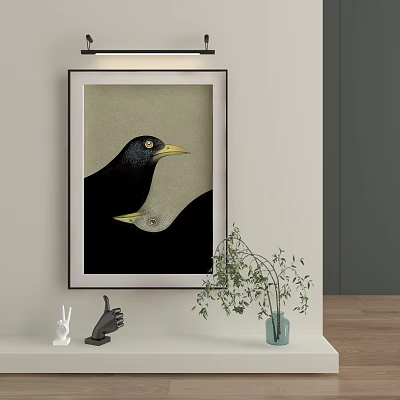 Abstract Painting with Two Birds Black White Yellow Eyes Beak Hanging on Wall 3d model