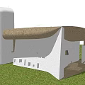 White Building With Straw Roof In Green Meadow And Rural Landscape