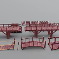 Red Wooden Bridge Models With Various Styles Railings And Pavilion Like Structures 3d model