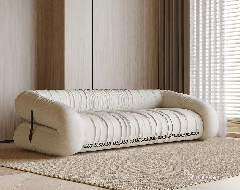 Modern Cream Colored Multi Seat Sofa With Pleated Design In Living Room Rug And Curtains 3d model 