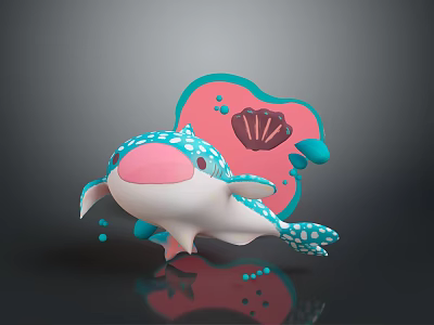 Cartoon Whale Character With Blue White Spots Pink Nose And Seashell Bubbles On Pink Background 3d model