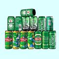 Multiple Tsingtao Beer Cans Stacked in Pyramid Formation on Light Blue Background