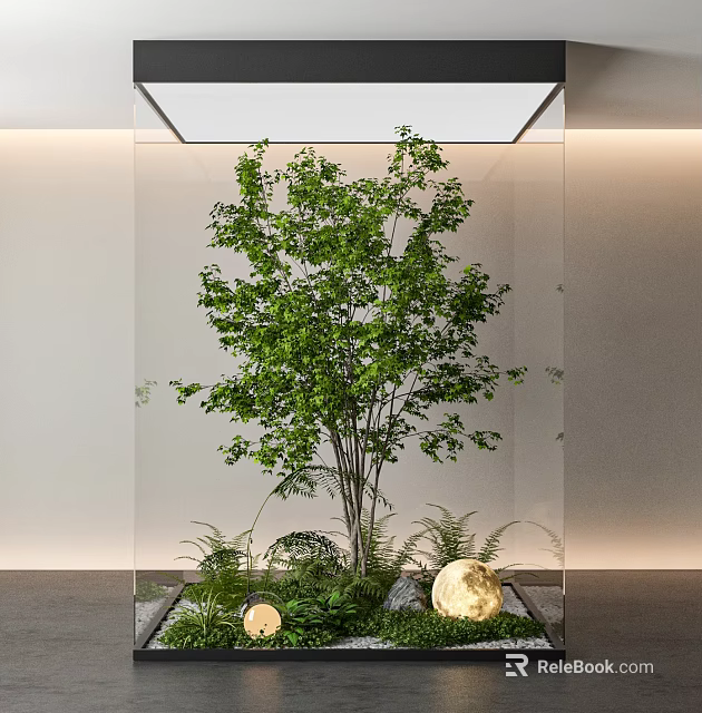 Modern Indoor Green Space With Glass Enclosed Trees And Ferns 3d model 