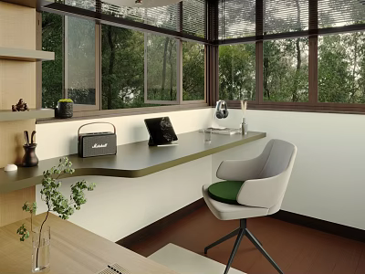 Modern Home Office Interior With Large Windows Writing Desk Green Plant And Natural Light 3d model